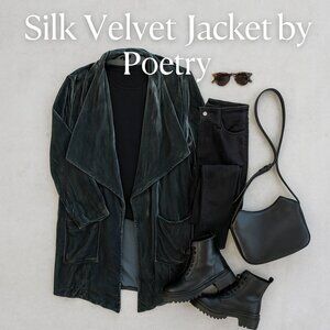 Poetry Silk Velvet Open Front Jacket Drape Collar Charcoal Gray Size 16 Luxury